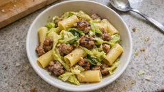 Rigatoni with Savoy Cabbage and Italian Sausage—cozy, easy weeknight pasta