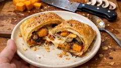 Savory Pumpkin and Mushroom Strudel—Flaky Puff Pastry with Smoky Cheese